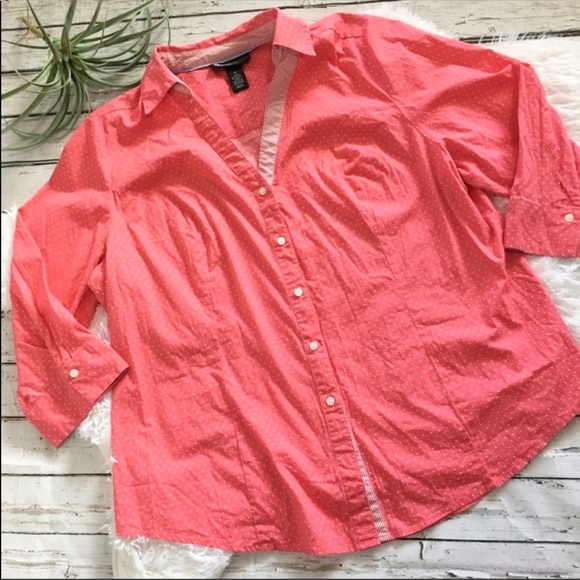 LANE Bryant polka dot button down top size 20 coral white - Picture 1 of 7